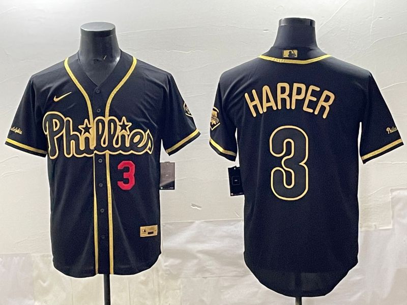 Men 2025 Philadelphia Phillies #3 Harper Black Gold Throwback Nike MLB Jersey style 003